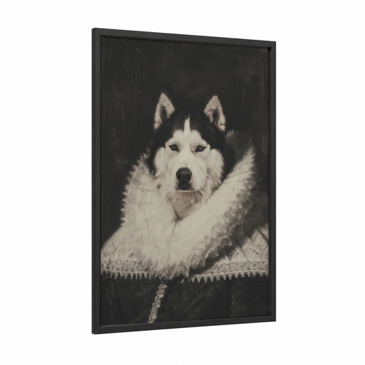 Arctic Husky Portrait framed art print — black wood frame — black and white and gray palette