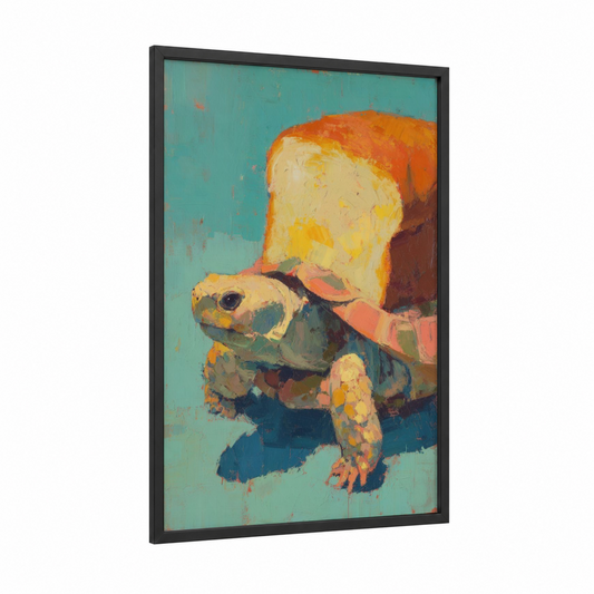 Golden Turtle Portrait framed art print — black wood frame — gold and teal palette