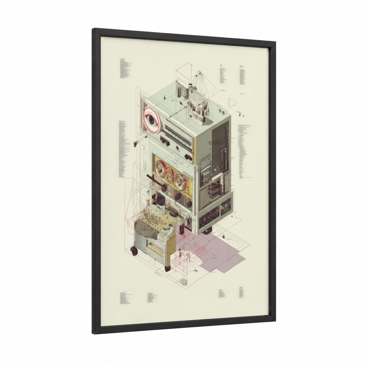 Vintage Audio Stack framed blueprints print — black wood frame — cream and black and white palette