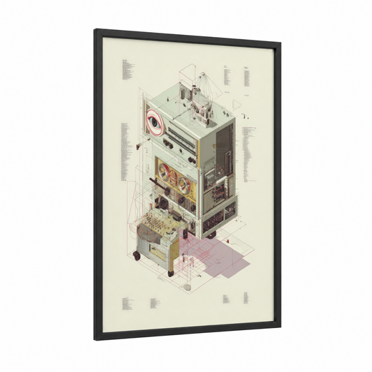 Vintage Audio Stack framed blueprints print — black wood frame — cream and black and white palette