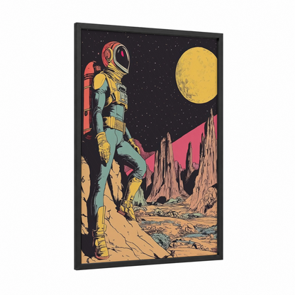 Lunar Explorer framed comic books print — black wood frame — gold and blue palette