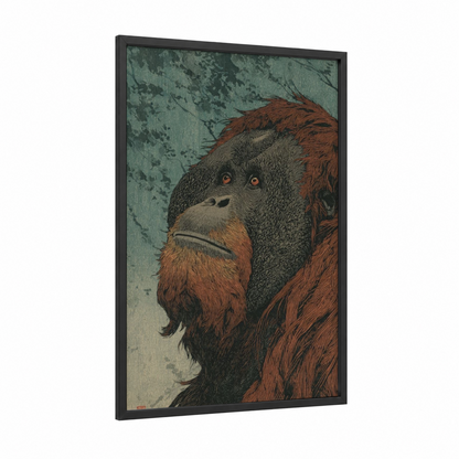 Contemplative Orangutan framed art print — black wood frame — teal palette
