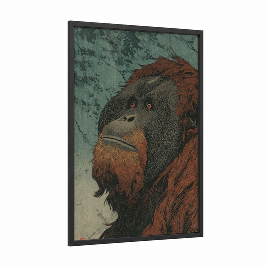 Contemplative Orangutan framed art print — black wood frame — teal palette