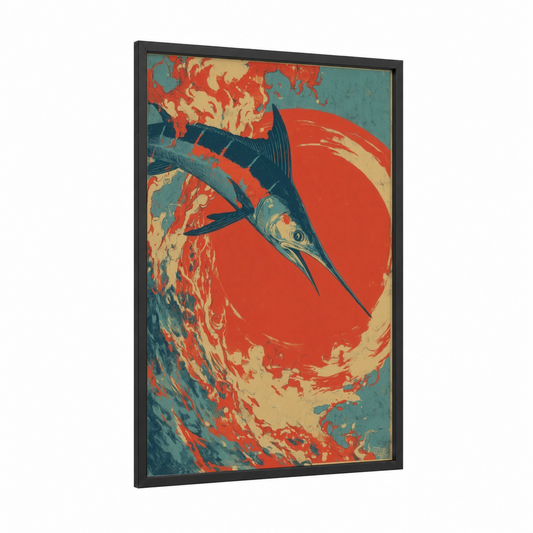 Crimson Marlin framed art print — black wood frame — red and teal palette