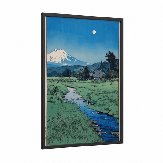 Mount Fuji Pastoral framed various landscapes print — black wood frame — blue and light green palette