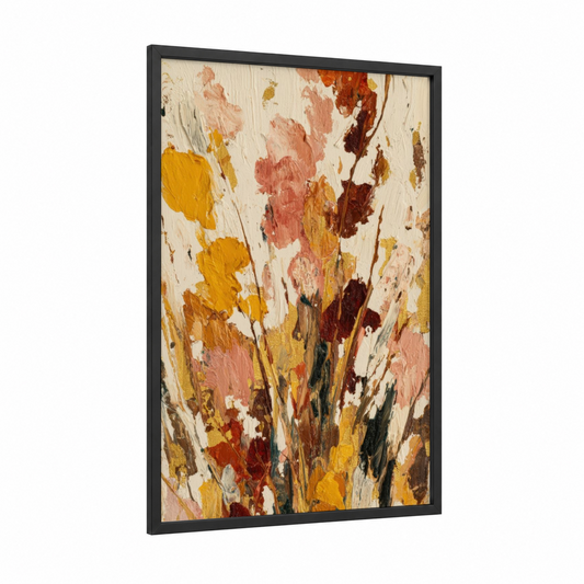 Autumn Abstract Blooms framed art print — black wood frame — gold and russet palette