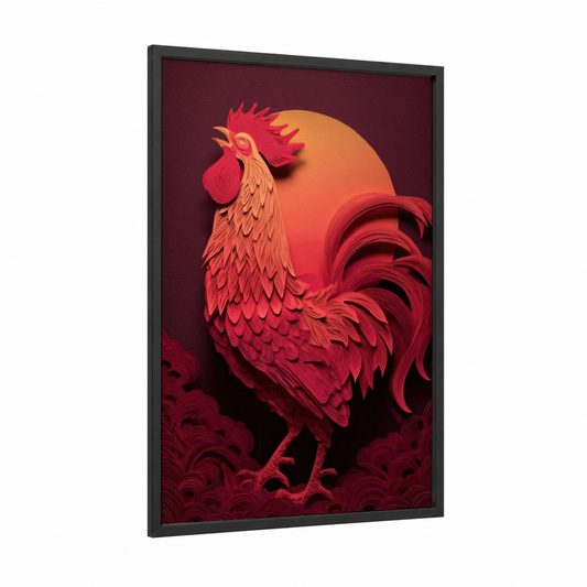 Crimson Rooster Rising framed chicken and roosters print — black wood frame — red and gold palette