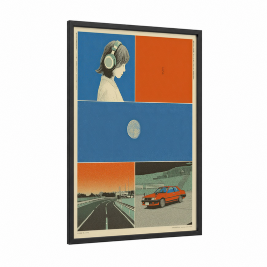 Y2K Nostalgia Grid framed japanese y2k print — black wood frame — blue and orange palette