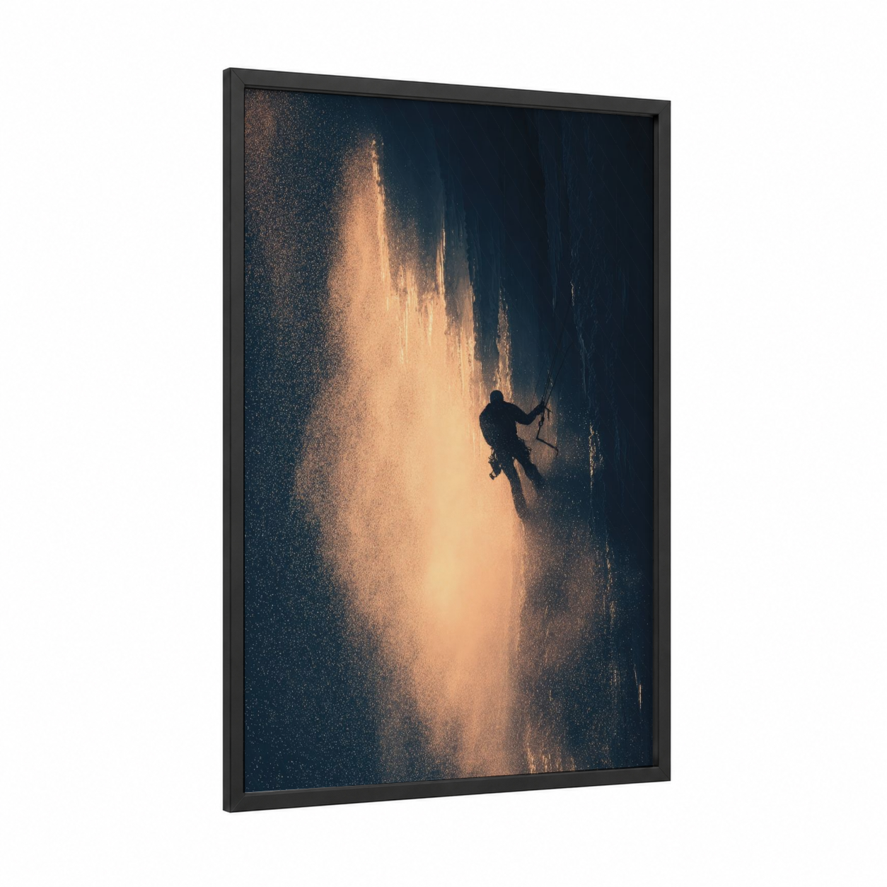 Frozen Ascent framed ice climbing print — black wood frame — gold and dark blue palette
