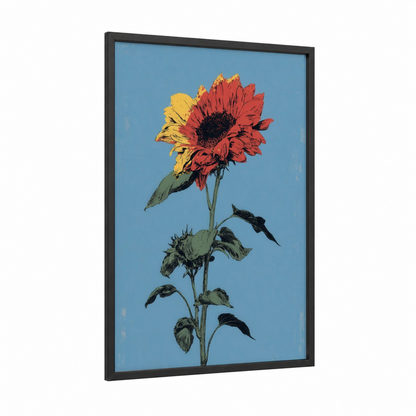 Red Sunflower Study framed art print — black wood frame — red and blue palette
