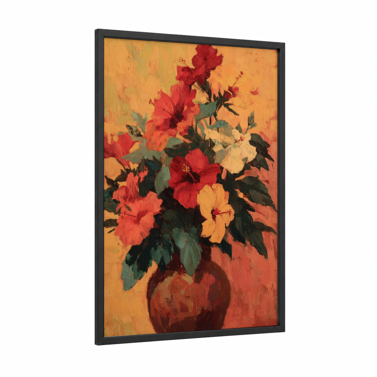Warm Hibiscus Bouquet framed art print — black wood frame — gold and red palette