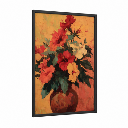 Warm Hibiscus Bouquet framed art print — black wood frame — gold and red palette