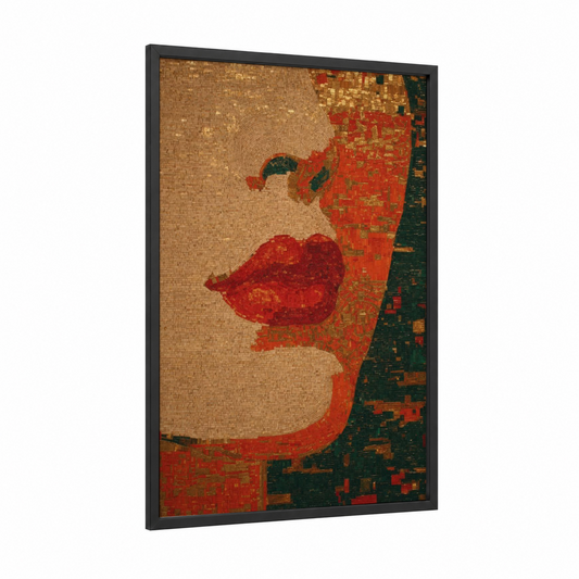 Crimson Lip Portrait framed art print — black wood frame — red and gold palette