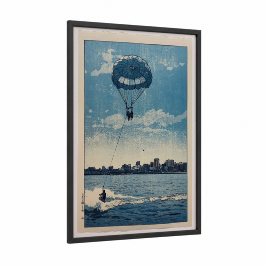 Coastal Parasailing framed art print — black wood frame — blue and cream palette