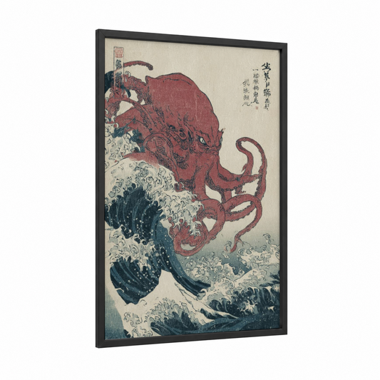 Crimson Cthulhu framed art print — black wood frame — maroon and dark blue palette