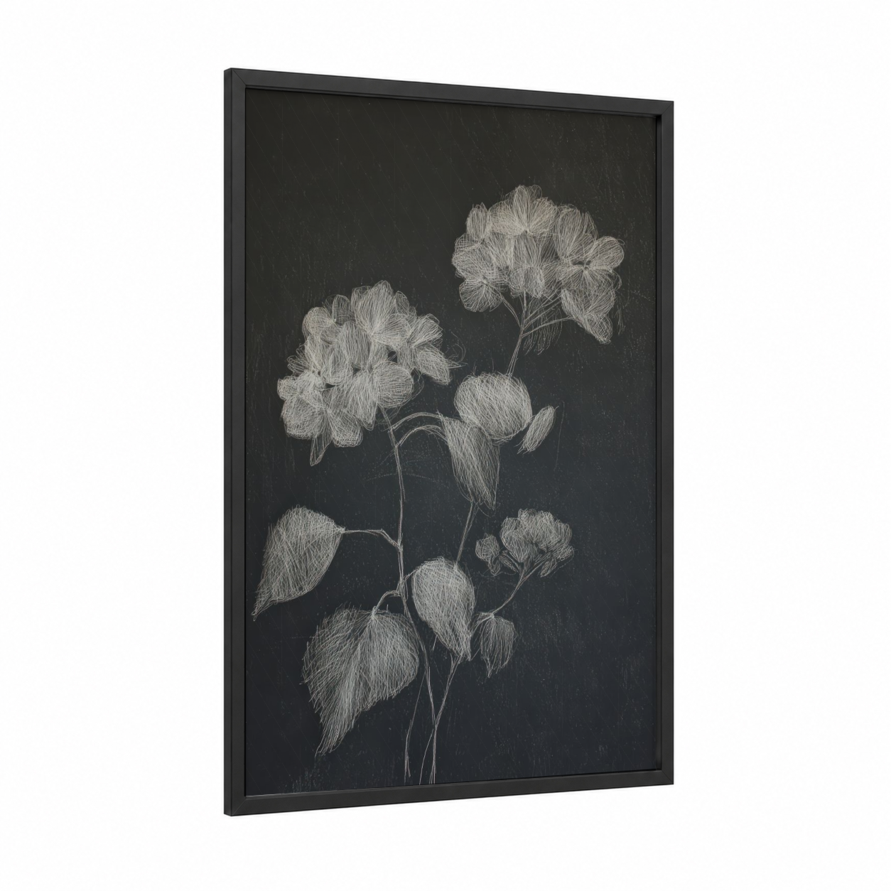 Charcoal Hydrangea framed art print — black wood frame — black and white and gray palette