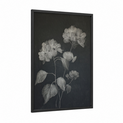 Charcoal Hydrangea framed art print — black wood frame — black and white and gray palette