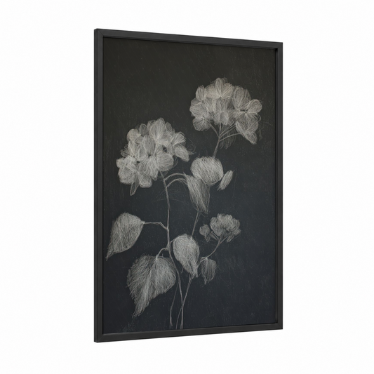 Charcoal Hydrangea framed art print — black wood frame — black and white and gray palette