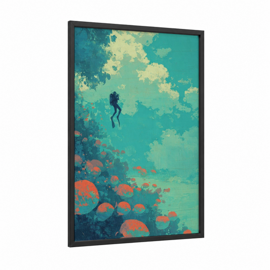 Serene Diver framed diving print — black wood frame — teal and salmon pink palette