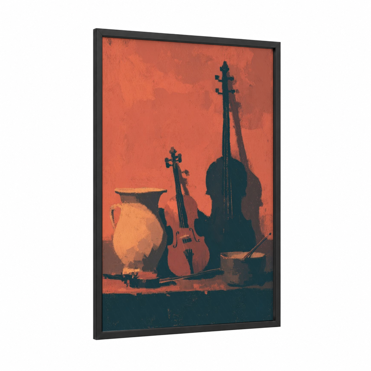 Classical Orchestra Silhouette framed art print — black wood frame — orange palette