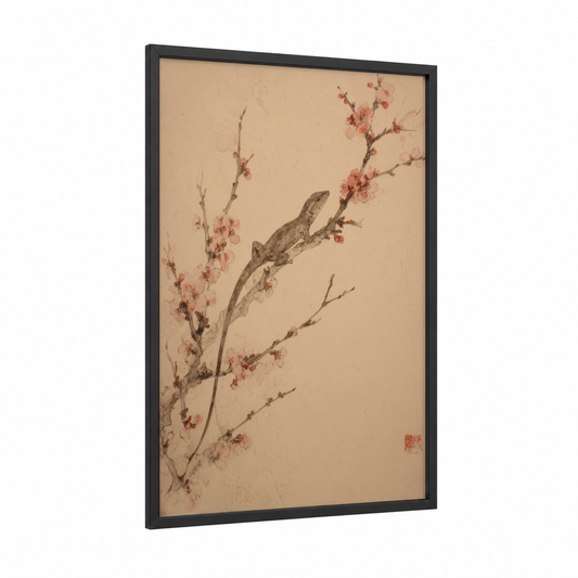 Blossoming Lizard framed art print — black wood frame — beige and salmon pink palette