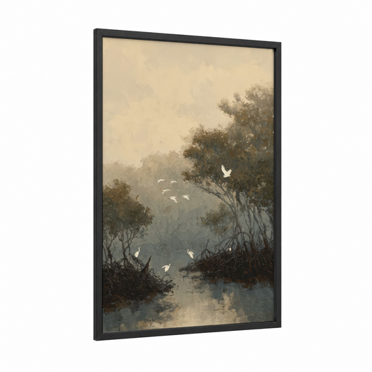 Misty Mangrove framed art print — black wood frame — cream and dove gray palette