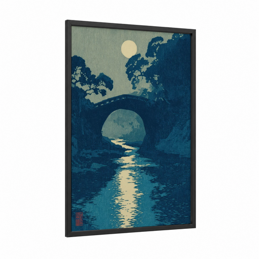 Moonlit River Bridge framed rivers print — black wood frame — dark blue and gold and white palette