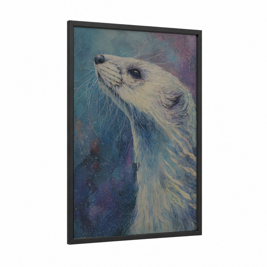 Cosmic Weasel framed art print — black wood frame — teal and purple palette