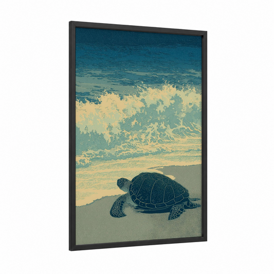 Coastal Turtle framed art print — black wood frame — teal and gold palette