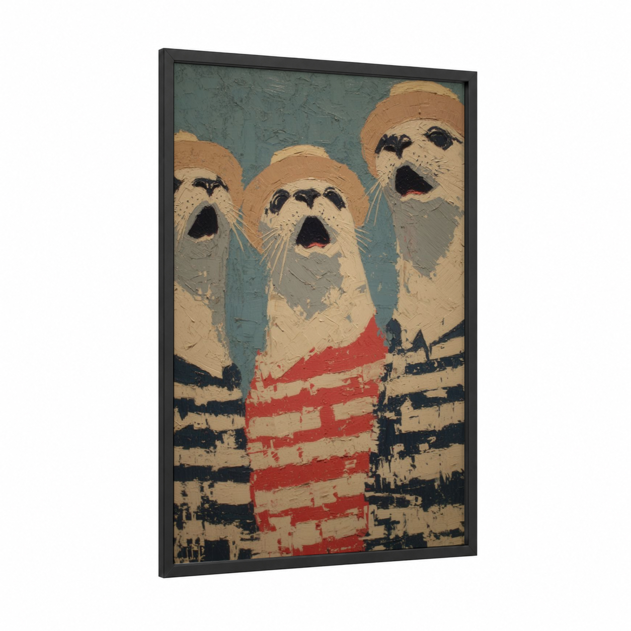 Surprised Seals Trio framed art print — black wood frame — blue and cream palette