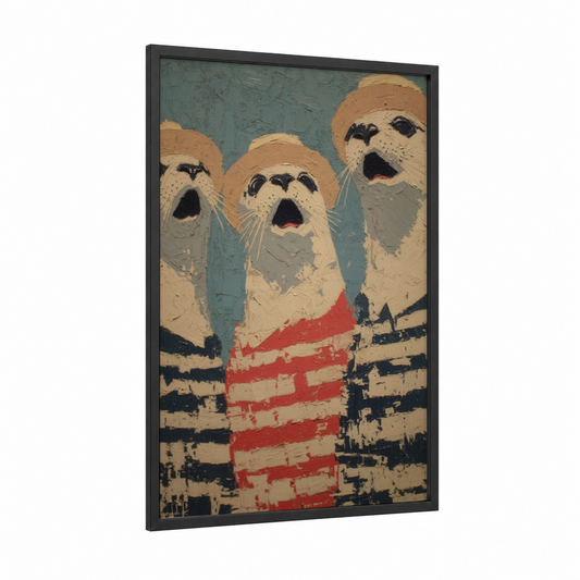 Surprised Seals Trio framed art print — black wood frame — blue and cream palette