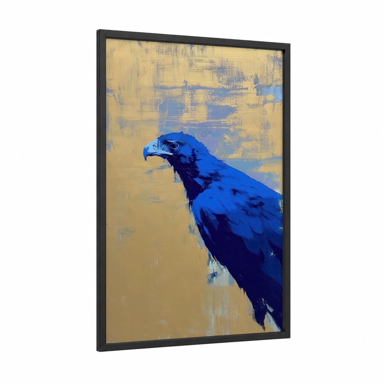 Azure Eagle Portrait framed art print — black wood frame — blue and gold palette