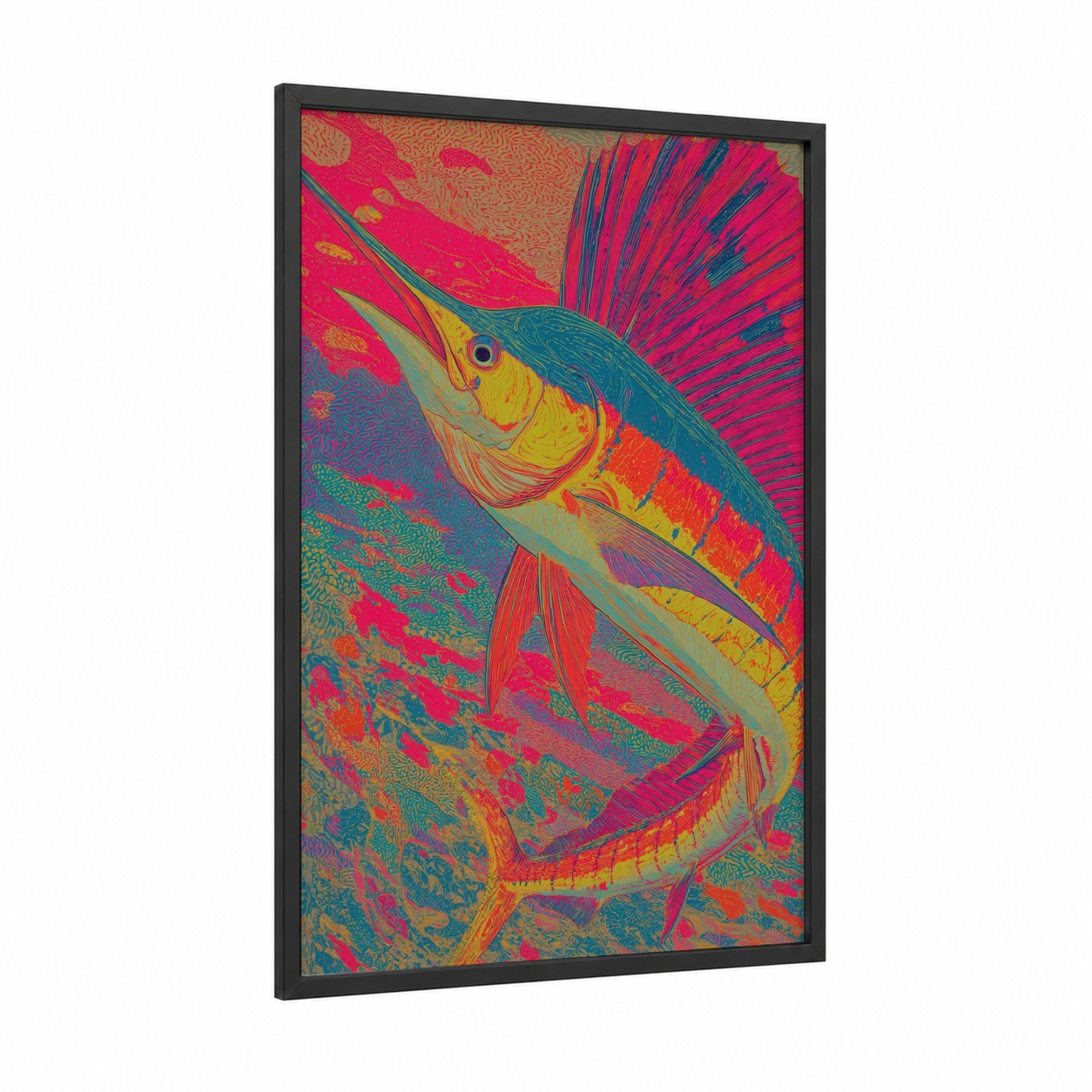 Crimson Sailfish framed art print — black wood frame — magenta and teal palette