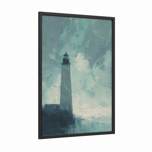 Misty Lighthouse framed art print — black wood frame — teal and white palette