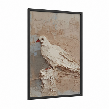 White Dove Portrait framed art print — black wood frame — cream and dove gray palette