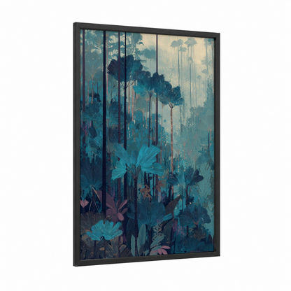 Misty Tropical Forest framed tropical trees print — black wood frame — teal and cream palette