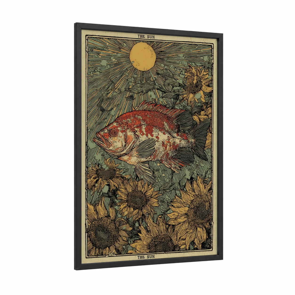 Solar Discus Fish framed art print — black wood frame — gold and red palette