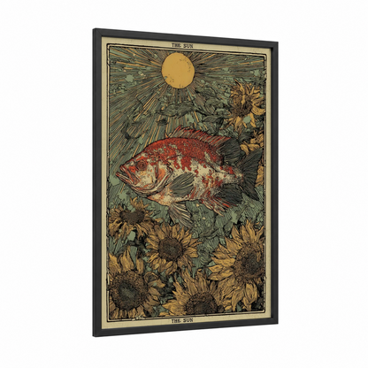 Solar Discus Fish framed art print — black wood frame — gold and red palette