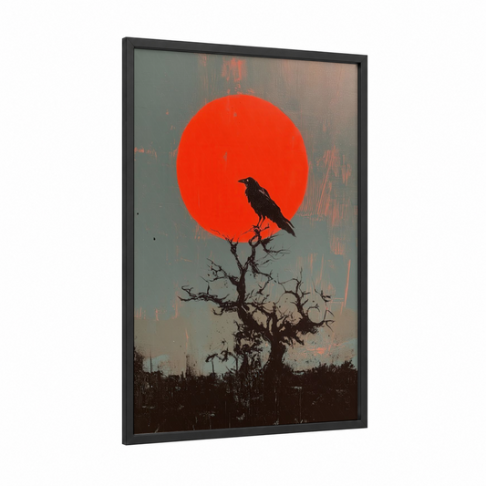 Crimson Raven framed crows and ravens print — black wood frame — red and black and white palette