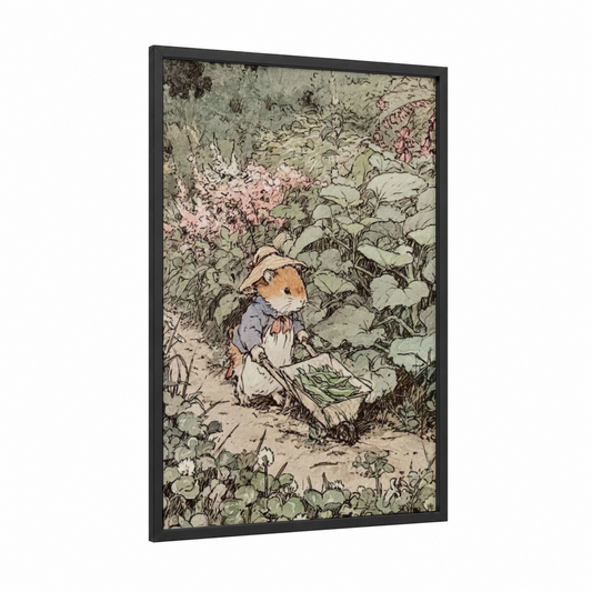Garden Hamster framed art print — black wood frame — sage green and cream palette
