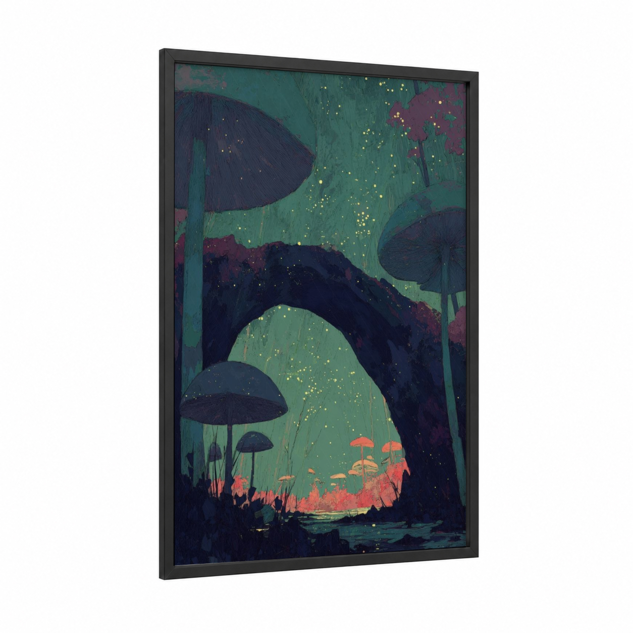Luminous Arch framed art print — black wood frame — teal and gold palette