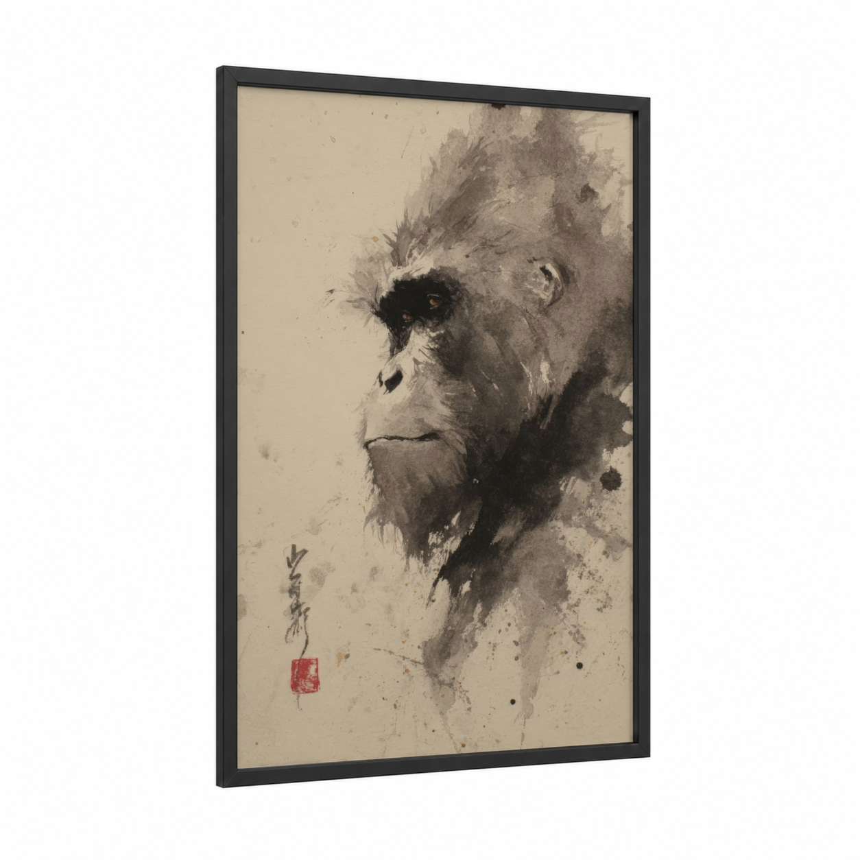Contemplative Orangutan framed art print — black wood frame — beige and gray palette