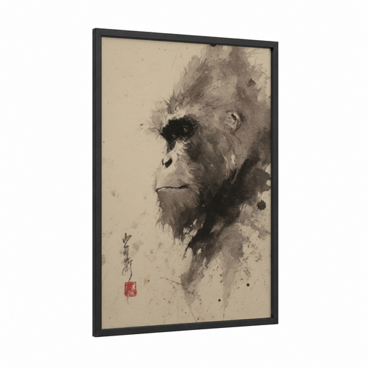 Contemplative Orangutan framed art print — black wood frame — beige and gray palette