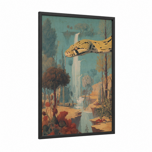 Desert Boa Guardian framed boa constrictor print — black wood frame — gold and teal palette