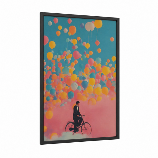 Balloon Cyclist framed men's fashion print — black wood frame — orange and pink palette