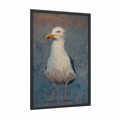 Coastal Seagull framed art print — black wood frame — teal and gold palette