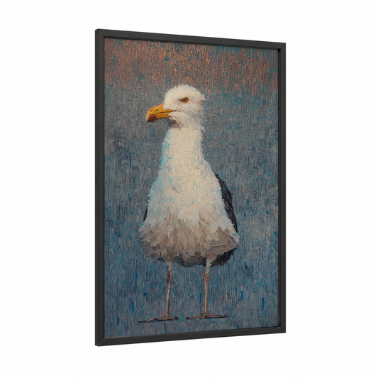 Coastal Seagull framed art print — black wood frame — teal and gold palette