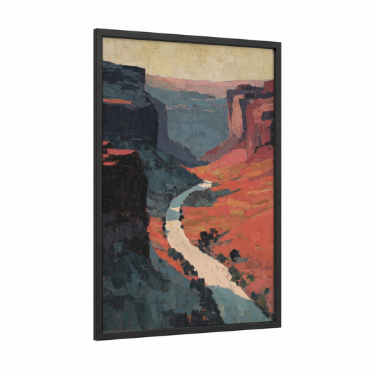 Canyon River Road framed road and highways print — black wood frame — dark blue palette