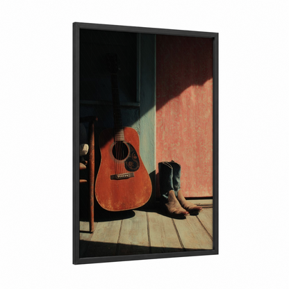 Sunset Country Musician framed art print — black wood frame — peach and sage green palette