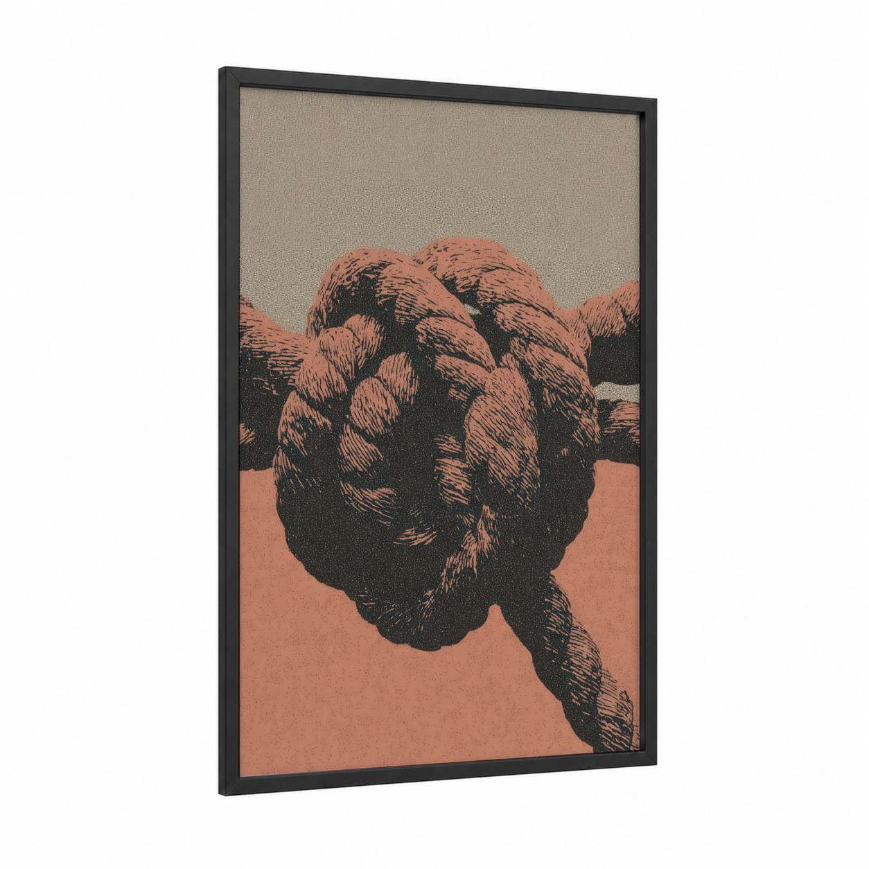 Knotted Rope Study framed rope knots print — black wood frame — black and salmon pink palette